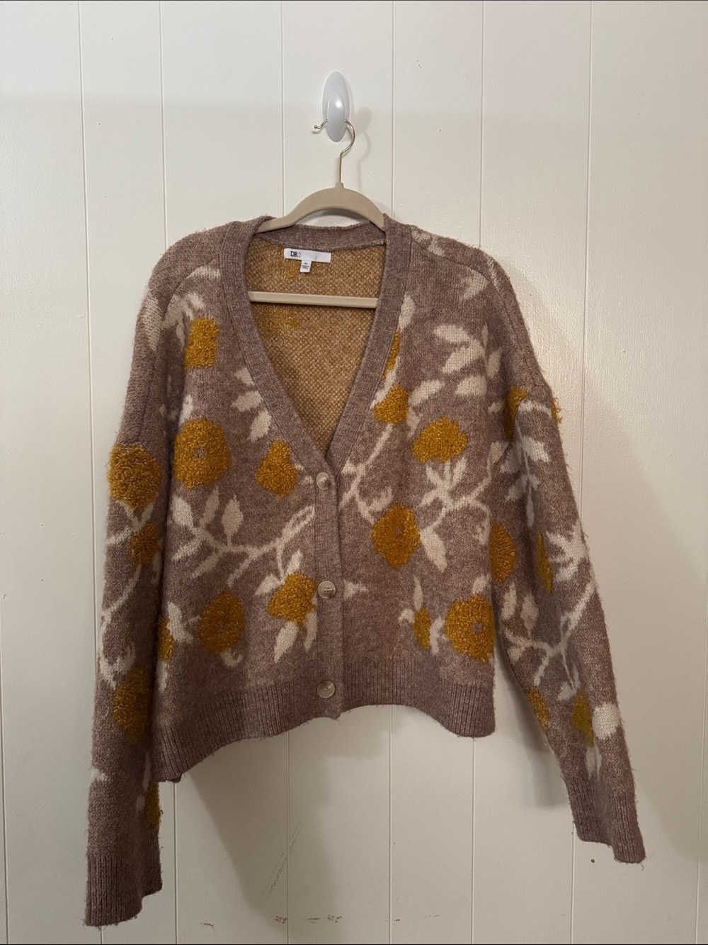 DR2 Floral V-Neck Button Cardigan - Brown & Mustard